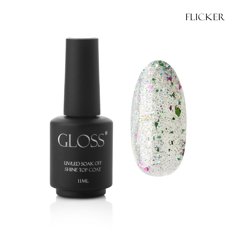 GLOSS Shine top coat Flicker, 11 ml (transparent with a light green undertone, holographic and green foil)