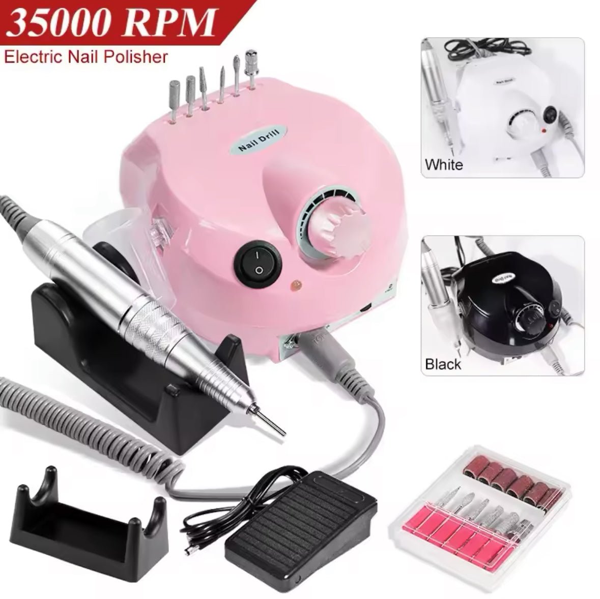 Nail Drill Machine Electric Professional Manicure 35000RPM with 6 Drill Bits, Foot Pedal, Pink