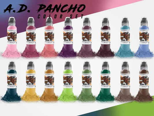 WORLD FAMOUS TATTOO INK 16 BOTTLE A.D. PANCHO PROTEAM COLOR SET