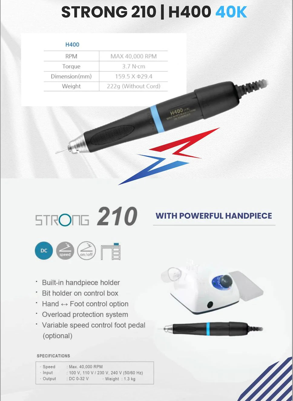 Saeshin Strong 210 Nail Drill with H400 handpiece 40K RPM (with pedal) Original