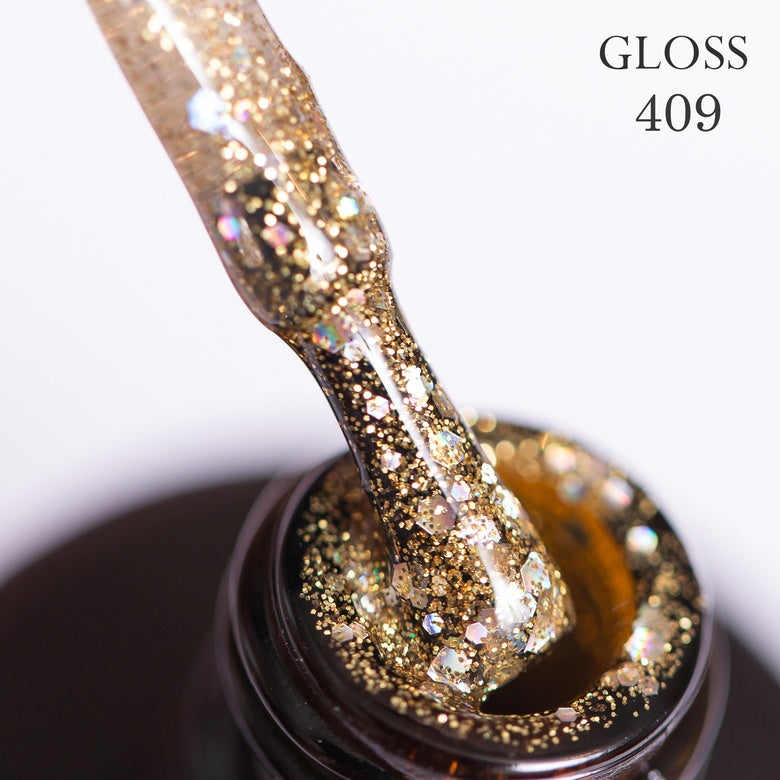 Gel polish 409 GLOSS (golden with holographic glitter), 11 ml