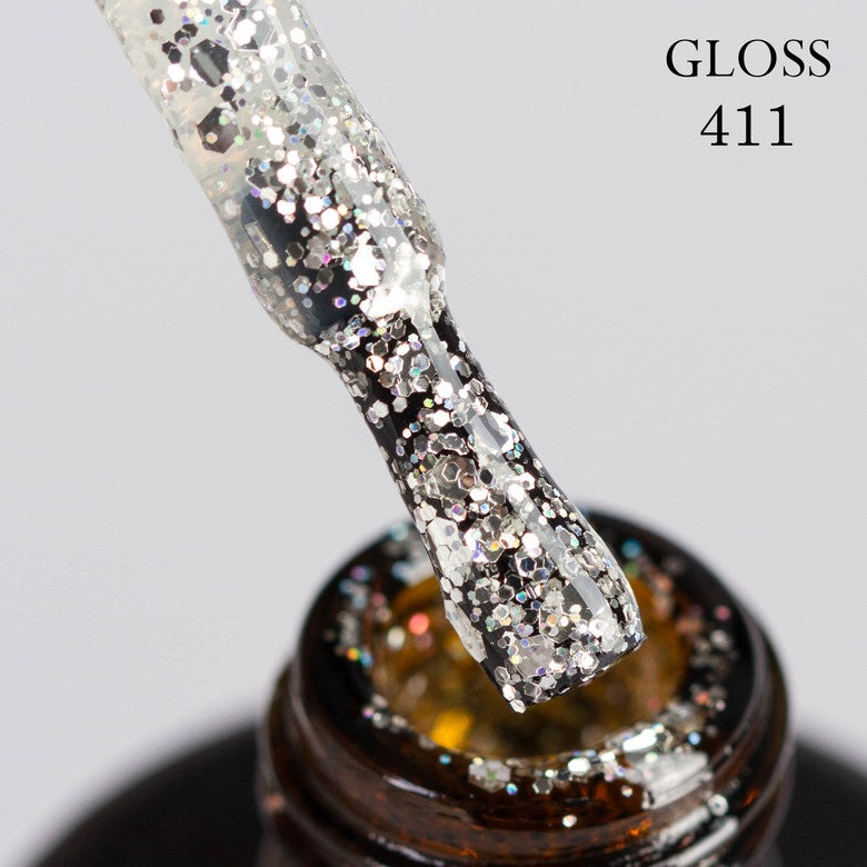 Gel polish 411 GLOSS (silver, holographic microglitter and sparkles), 11 ml