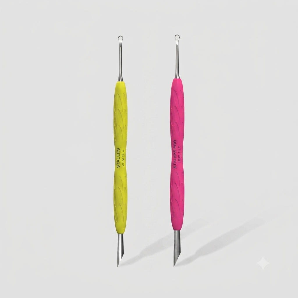 STALEKS Manicure pusher Gummy with silicone handle UNIQ 11 TYPE 2 (beveled and loop pusher)
