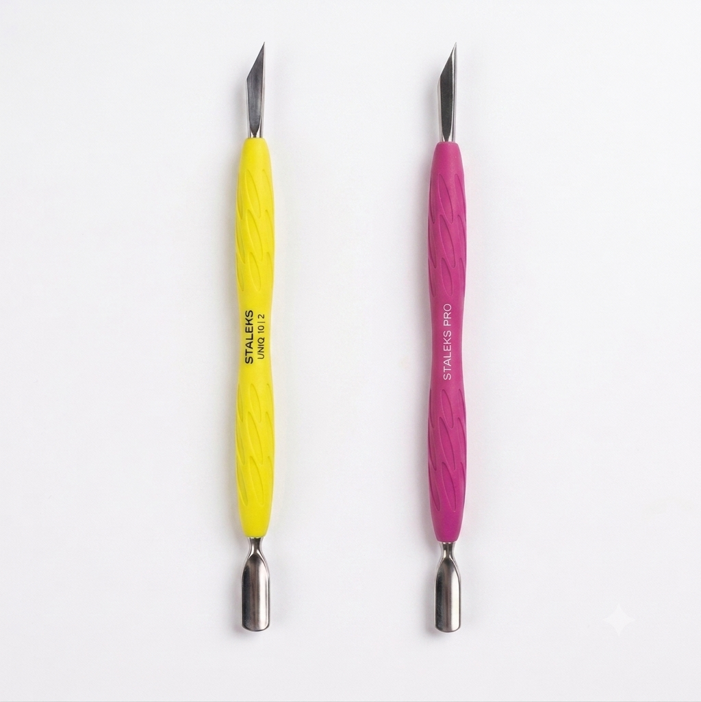STALEKS Manicure pusher Gummy with silicone handle UNIQ 10 TYPE 2 (rounded narrow and beveled pusher)