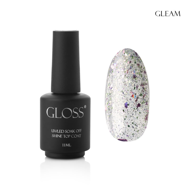 GLOSS Shine top coat Gleam, 11 ml (transparent with a gray undertone and holographic foil)