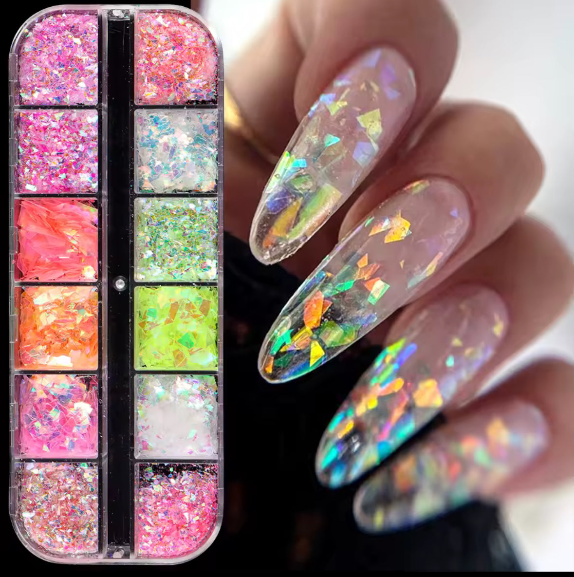 Holographic Nail Art Foil Flakes – 12 Colors Iridescent Decoration Set