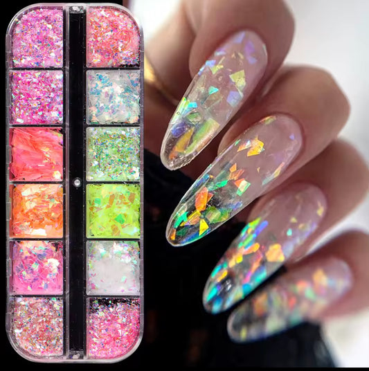Holographic Nail Art Foil Flakes – 12 Colors Iridescent Decoration Set
