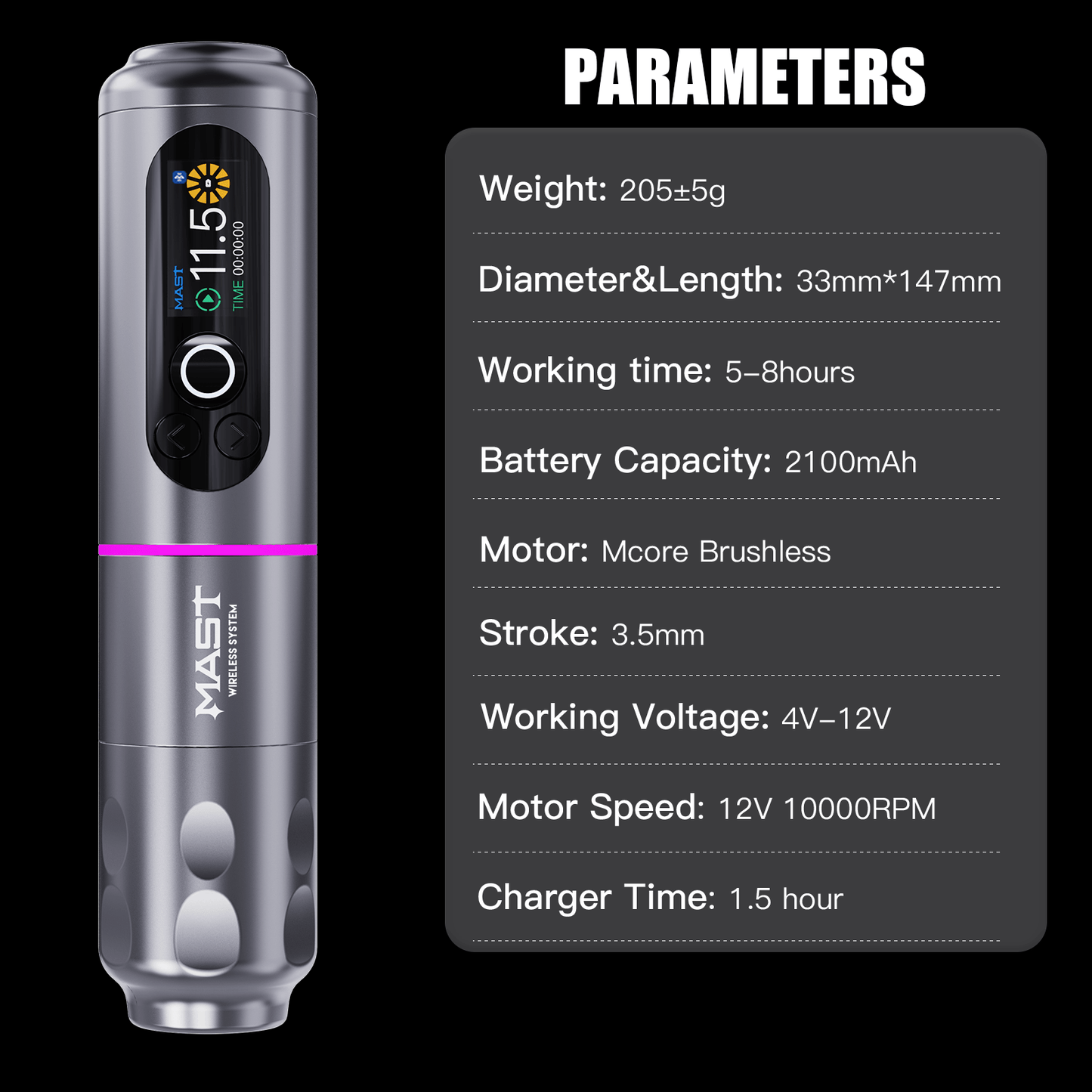 Mast Archer 2 Wireless Tattoo Pen Machine with 3.5MM Stroke Brushless Motor Color Screen