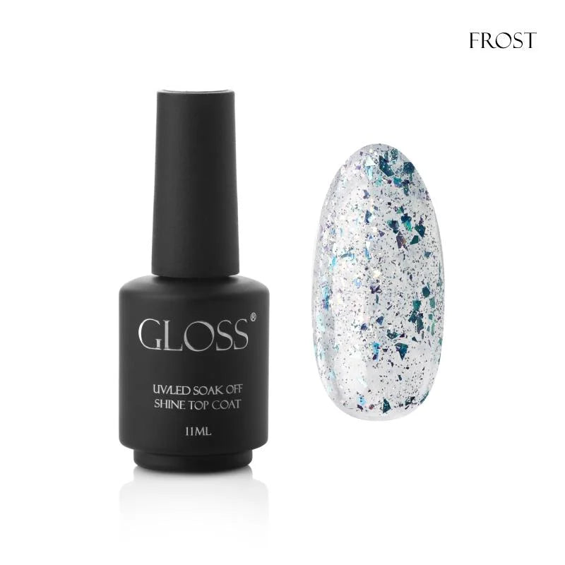 GLOSS Shine top coat Frost, 11 ml (transparent with a light blue undertone, with light blue holographic foil)