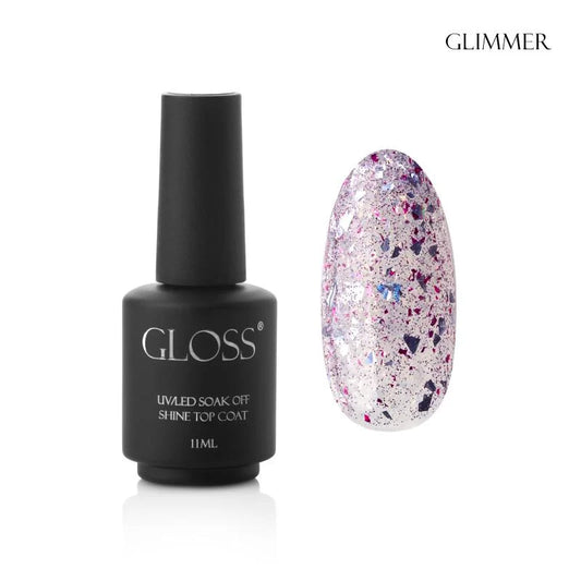 GLOSS Shine top coat Glimmer, 11 ml (transparent with a pink undertone, holographic foil, and pink glitter)