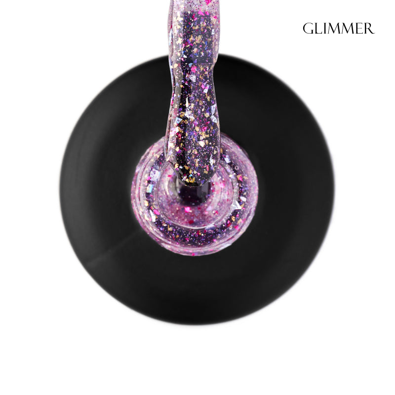 GLOSS Shine top coat Glimmer, 11 ml (transparent with a pink undertone, holographic foil, and pink glitter)