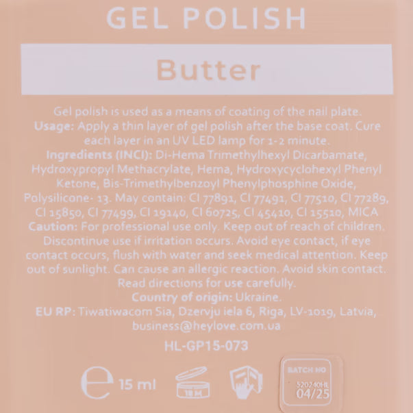 HEYLOVE Gel Polish Butter, 15ml (TPO Free)