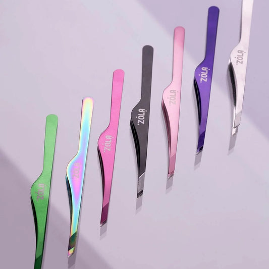 ZOLA Professional Beveled Tweezers for Eyebrows (Black, Pink, Light Pink, Silver, Rainbow)