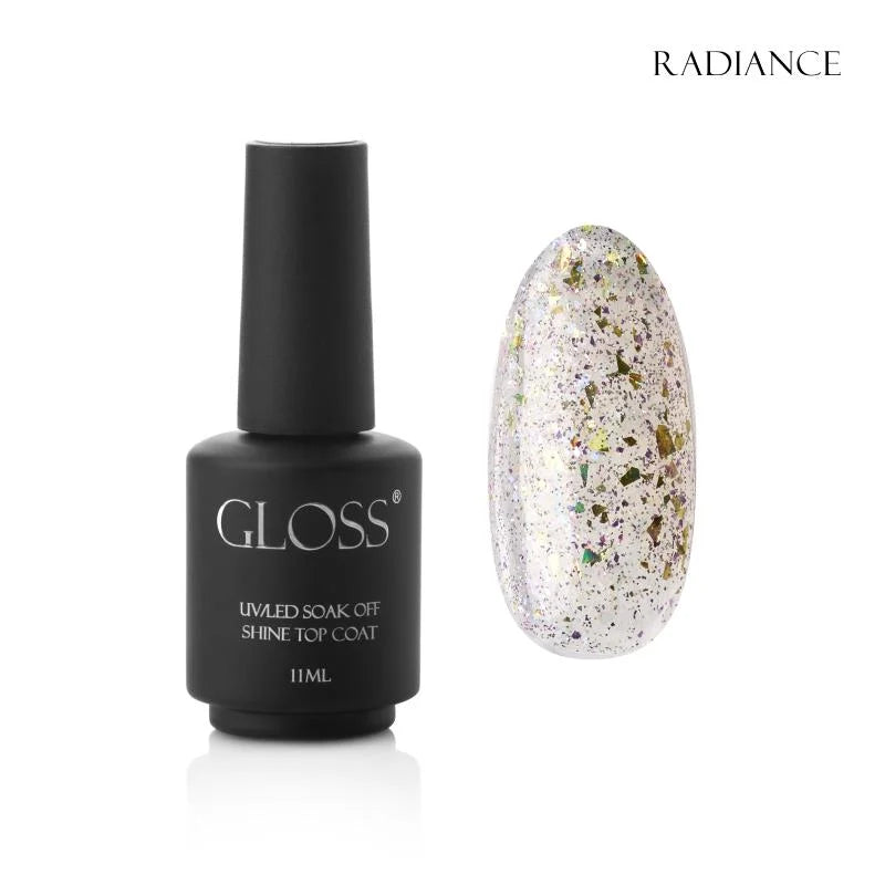 GLOSS Shine top coat Radiance, 11 ml (transparent with a beige undertone and golden foil)